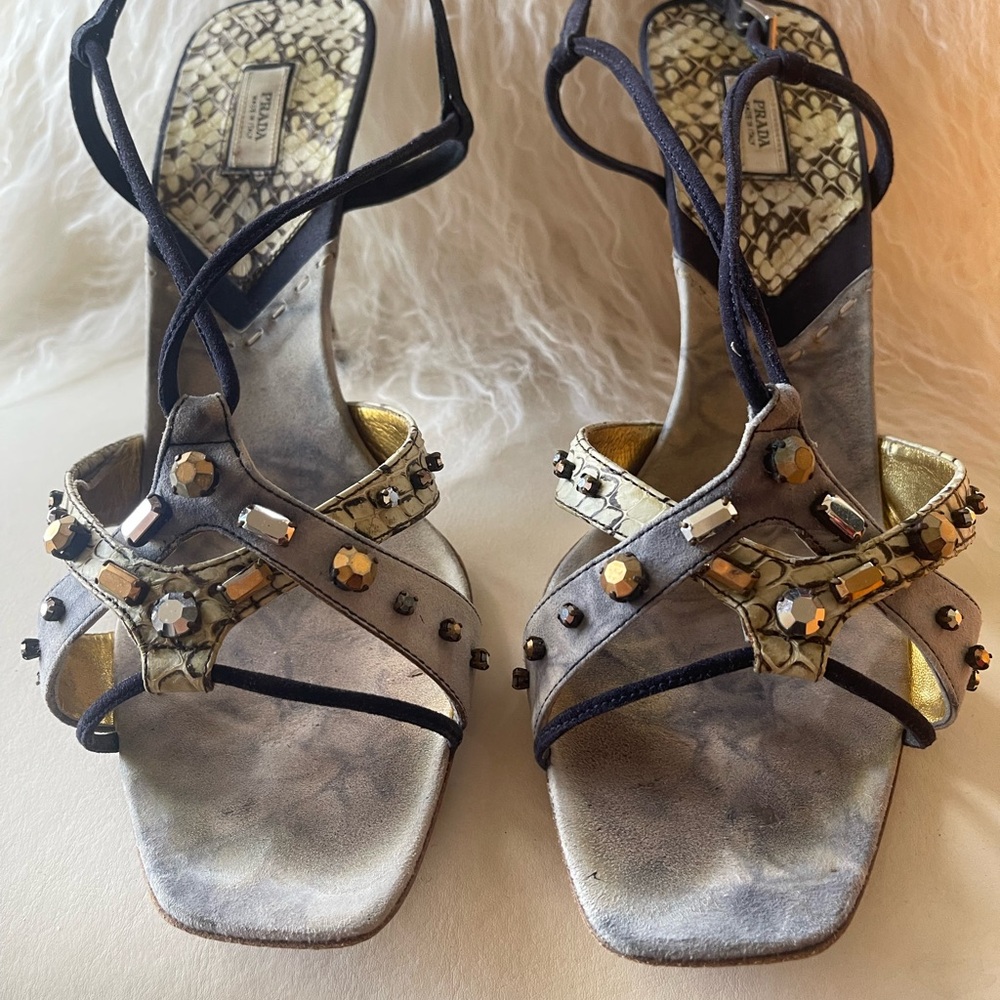 Vintage Prada Women's Strappy Heels - Black and Gold - Picture 5 of 16
